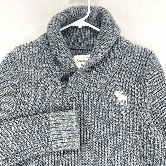 VTG Abercrombie & Fitch Sweater Mens Large Grey Chunky Knit Shawl Neck Fisherman - Picture 1 of 7